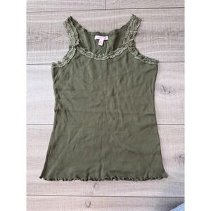 Zena Womens Olive Green Ribbed Lace Trim Tank Top Lettuce Hem 100 Cotton Large